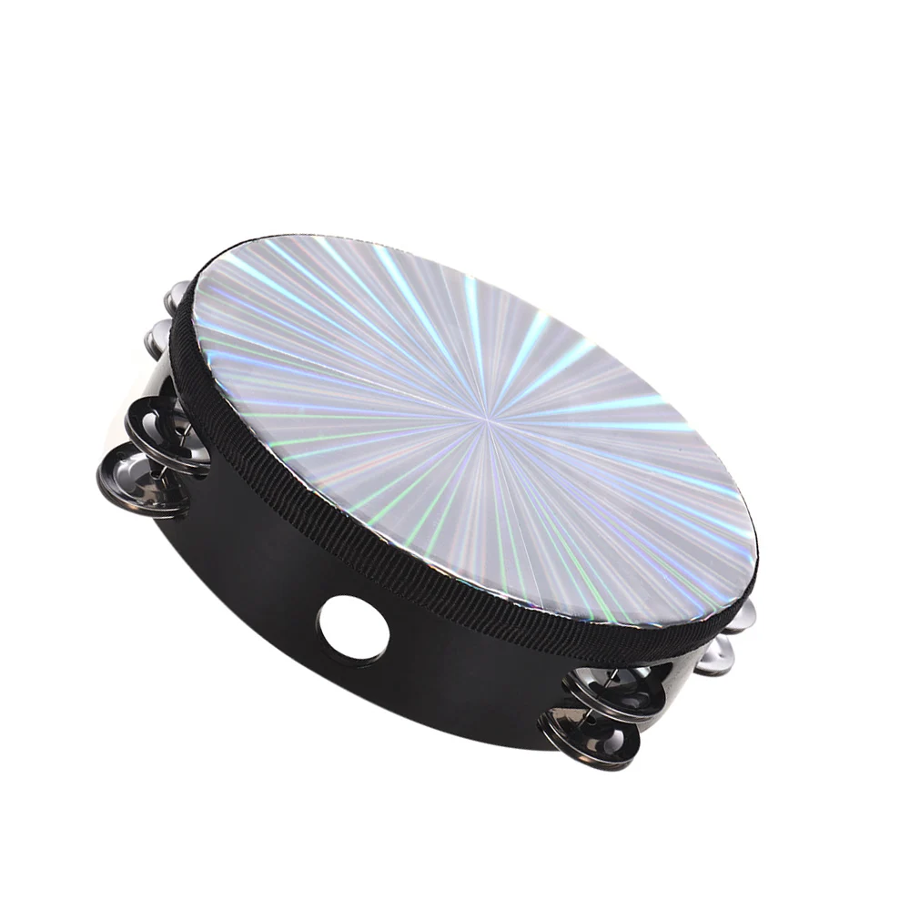 Description Picture 2 of item8/10 Inch Wooden Radiant Tambourine Handbell Hand Drum with Double Row Jingle Reflective Drum Head Musical Percussion Instrument