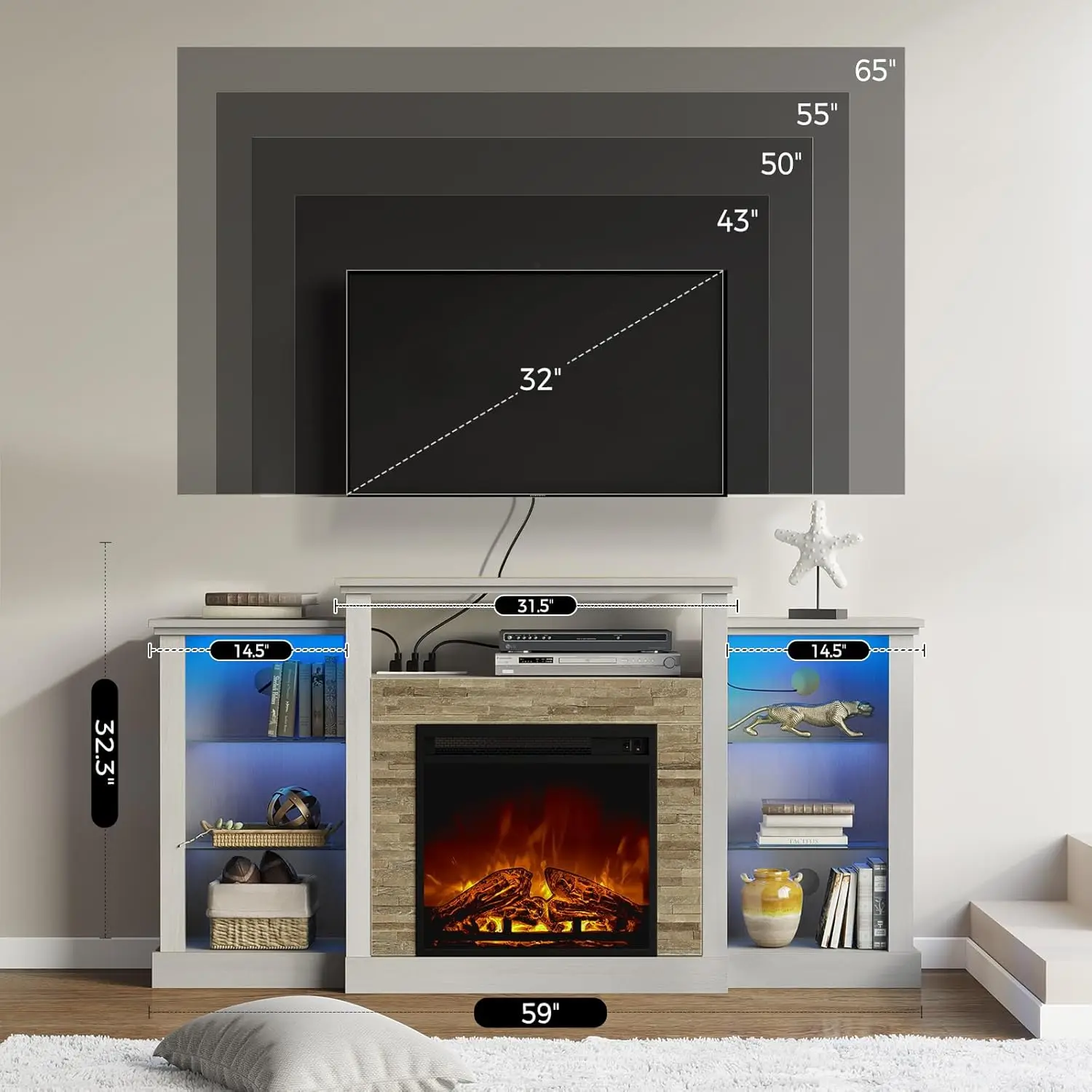 Fireplace TV Stand with LED Lights and Power Outlets,Entertainment Center with Adjustable Glass Shelves, Ivory White 3