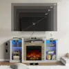 Fireplace TV Stand with LED Lights and Power Outlets,Entertainment Center with Adjustable Glass Shelves, Ivory White 3