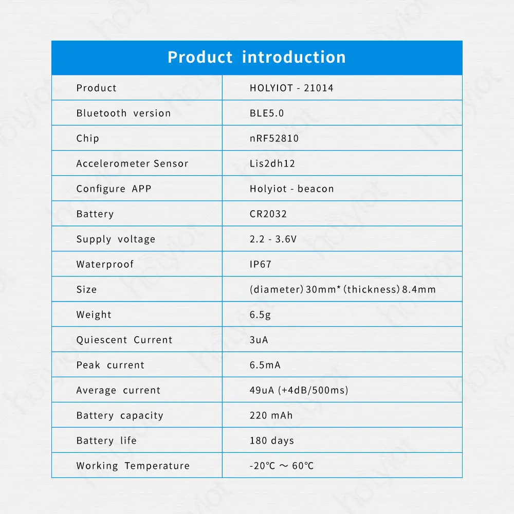 가속도계 센서가 장착된 Holyiot nRF52810 비콘 태그 BLE 5.0 Bluetooth 저전력 소비 모듈 eddystone ibeacon