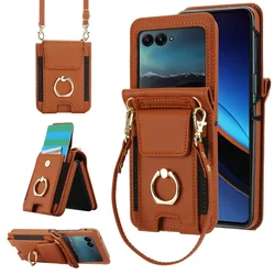 Elastic Card Holder Wallet with Buckle Ring and Lanyard Chain for Motorola Razr 2025 (Brown)