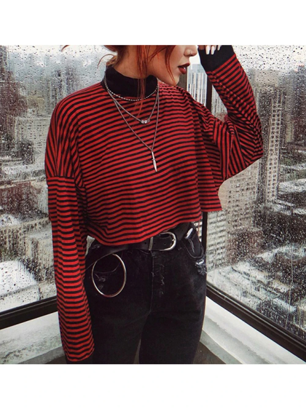 

Autumn Sweatershirts 2022 New Women Pullover Top Fit Female Retro Striped Croped Tops Students All-match Womens
