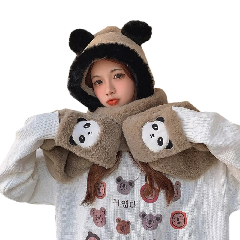 

Bear Ear Hat Scarf Panda Winter Hat Female Korean Cartoon Hooded Children Plush Scarf Gloves One-piece Drop shipping