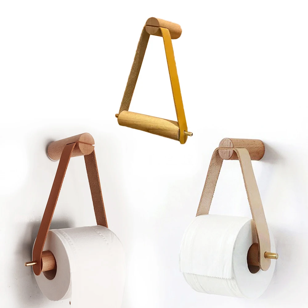 Wooden Tissue Roll Holder Brass Towel Rack Bar Vintage Toilet Leather Paper Ring for Bathroom Household Storage Rack Home Decor