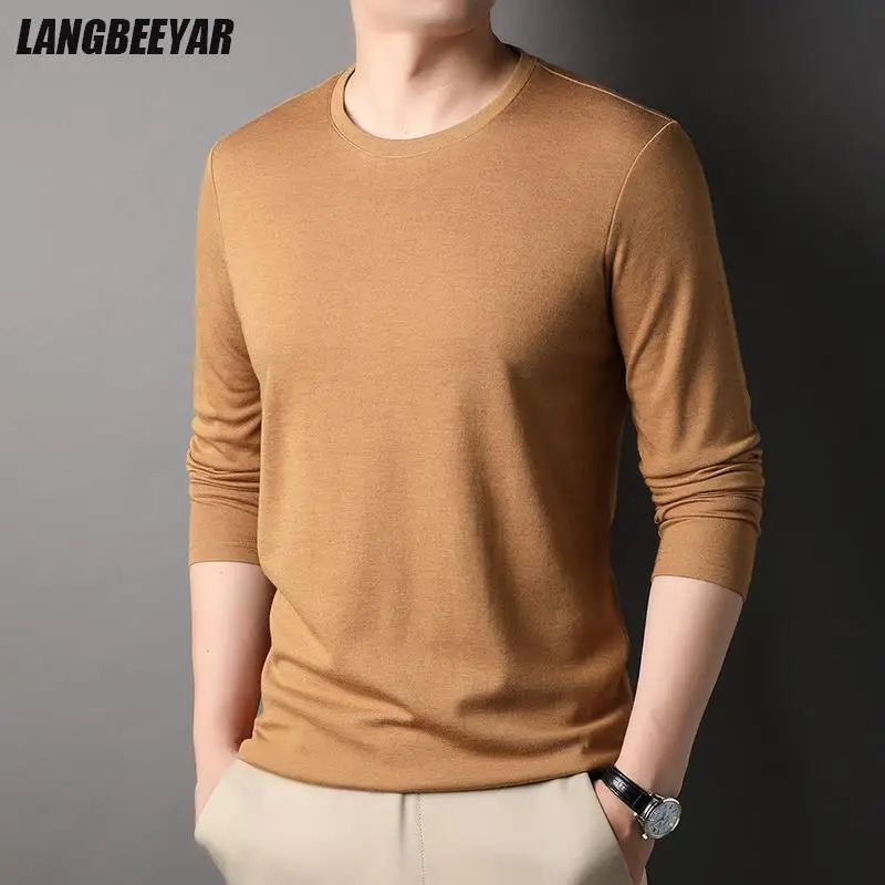 Top Quality  Wool 4.7% New Fashion Luxury Brand Mens t Shirt Round Neck Solid Color Soft Long Sleeve Tops Casual Men Clothing