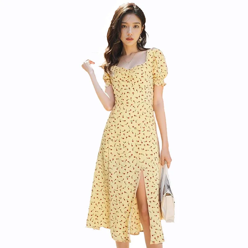 

REF 24ss Women's Fashion Retro Square Neck Floral Dress Ladies Commuter High Waisted Bubble Sleeve Skirt Streetwear Y2k Dresses