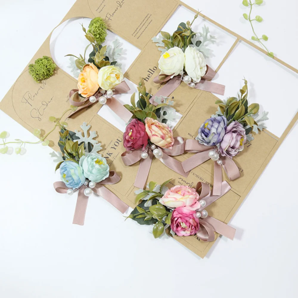 

Colorful Silk Rose Boutonniere for Wedding for Man Fake Flowers Lace Pearls Wrist Corsage Decoration Marriage accessori da sposa