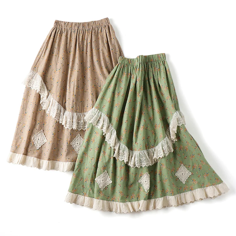

Summer Sweet Lace Stitched Cotton Floral Skirt Women Elastic Waist Skirt HT15110