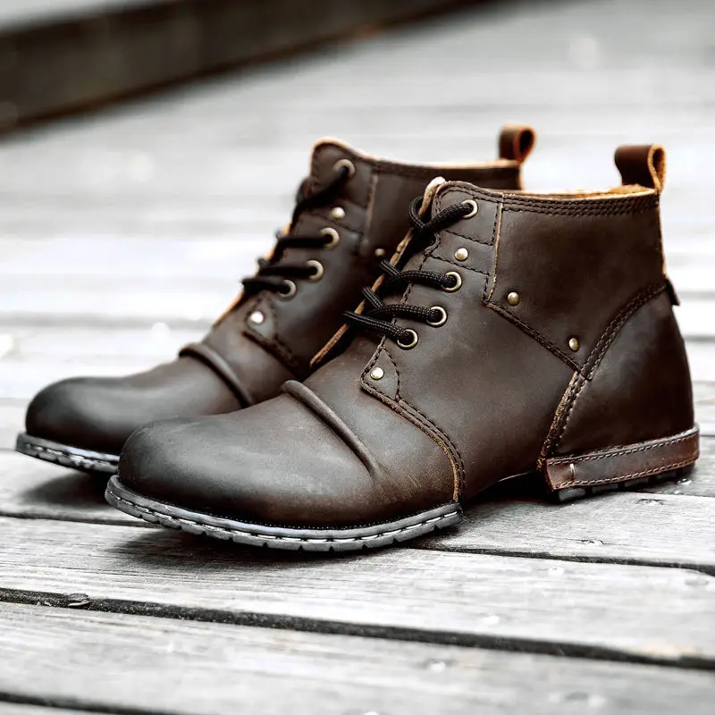 Genuine Cow Leather Motorcycle Boots for Men Biker Retro Punk Martin Shoes Motorbike Moto Boots Protective Gear