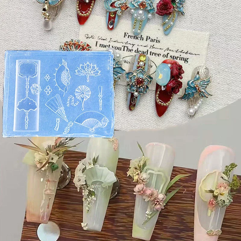 3D Chinese-Style Transparent Silicone Nail Molds Dragon Copper Coins Bells Chinese Knots Fan Manicure Design Templates