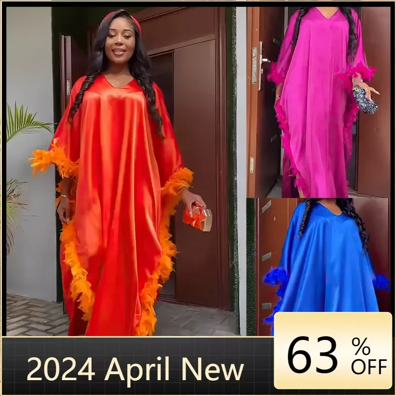 

Dashiki African Bazin Riche Dress For Women Africa Clothing Loose Feather Bat Sleeve High Slit Robe Africaine Femme Maxi Dress