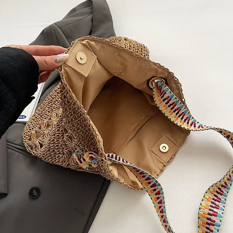 Bolso de playa de paja de gran capacidad, bandolera de rafia