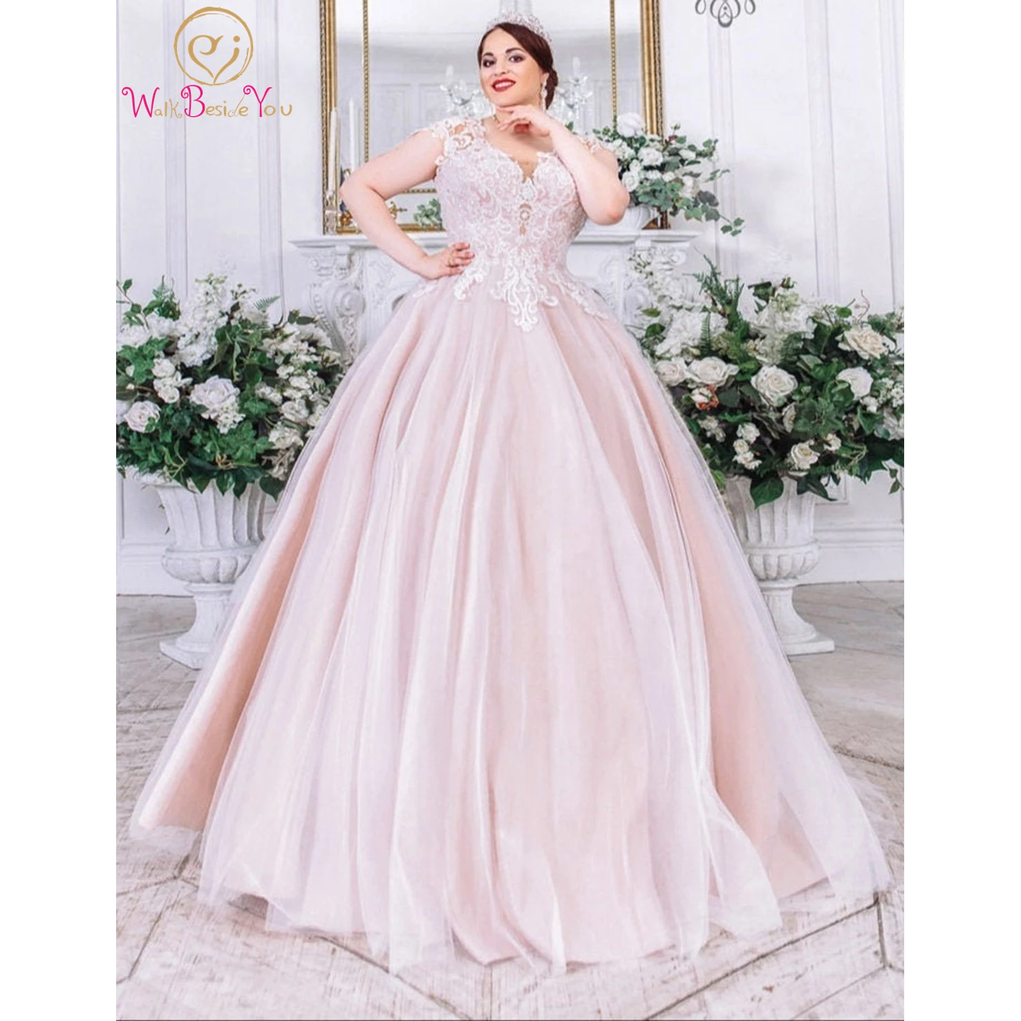 

Plus Size Wedding Dresses 2022 Cap Sleeves Ivory Lace Nude Tulle Empire Waist Ball Gown Bridal Elegant Bride Custom made