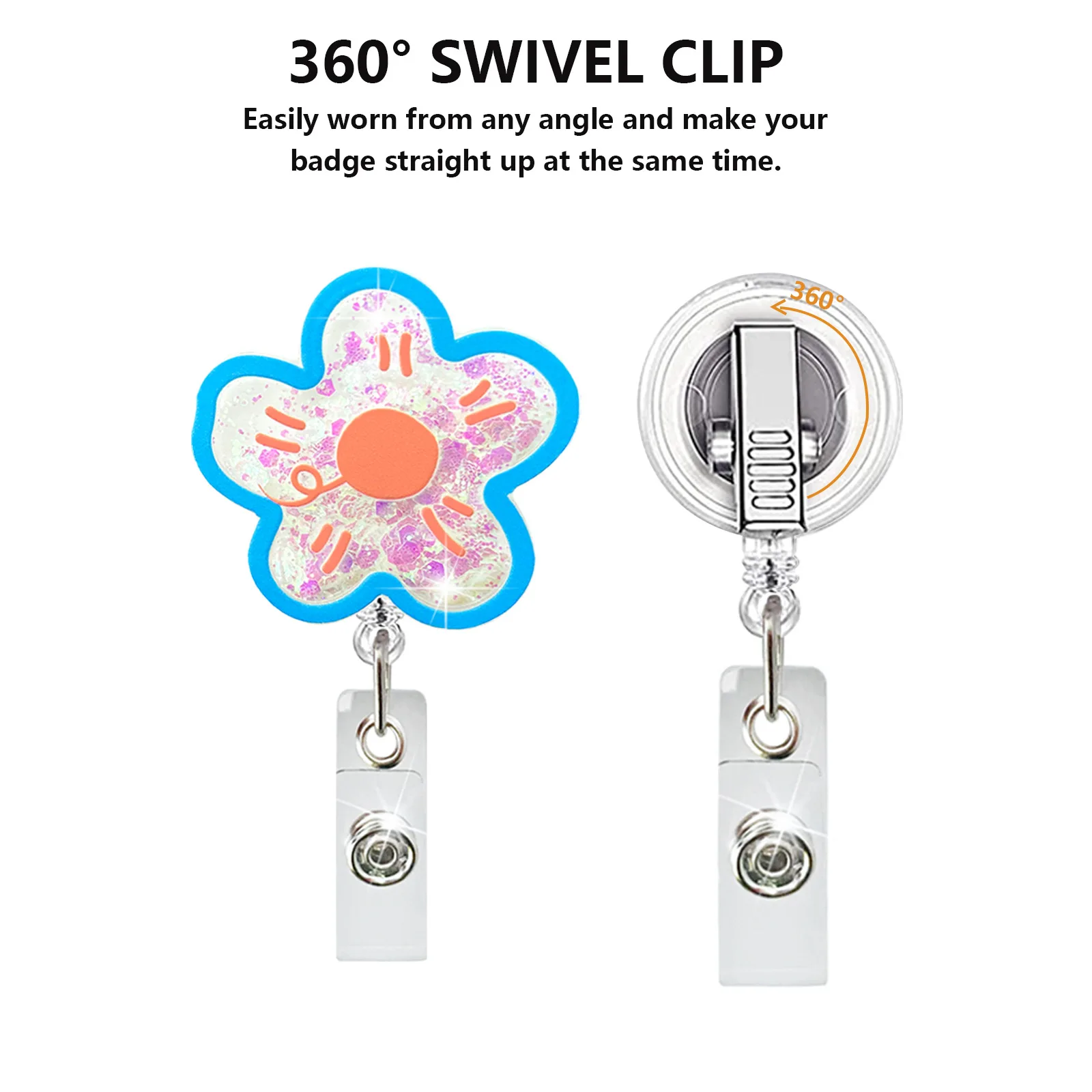 New Arrival 1 Piece Glitter Acrylic Floral Retractable Nurse Badge Reel  Cute Flowers Students ID Card Holder Keychains Lanyard