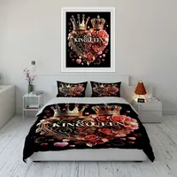 Parure de lit 3 pièces King Queen Crown Heart, housse de couette et taies d'oreiller imprimées roses dorées, linge de lit romantique pour chambre de couple 6