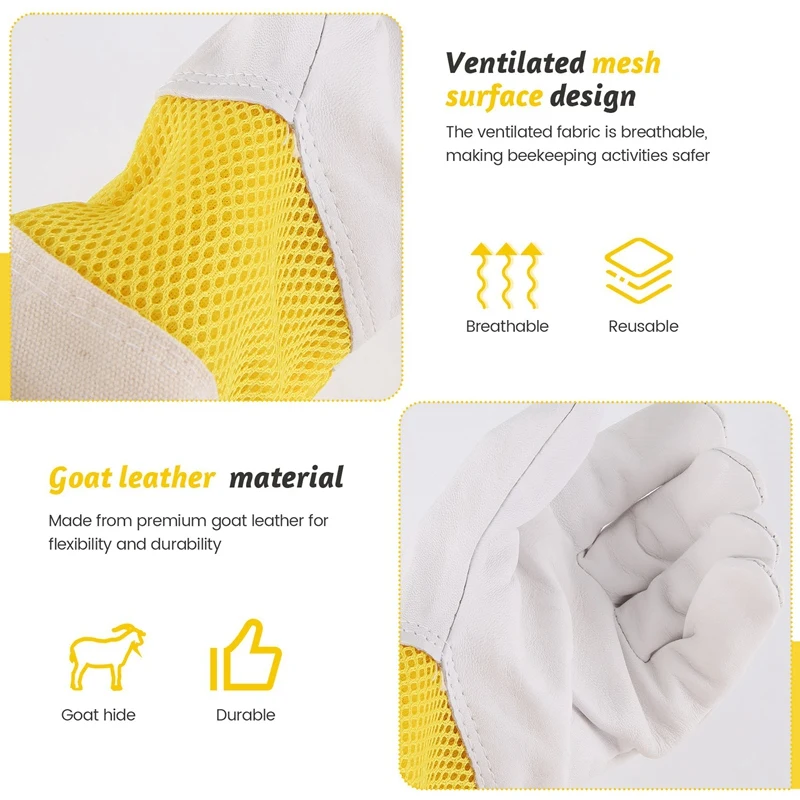 ABHG-Beekeeping Gloves Beekeeping Tools White Leather Golden Yellow Mesh Short Mesh Breathable Gloves Bee Protection Tools