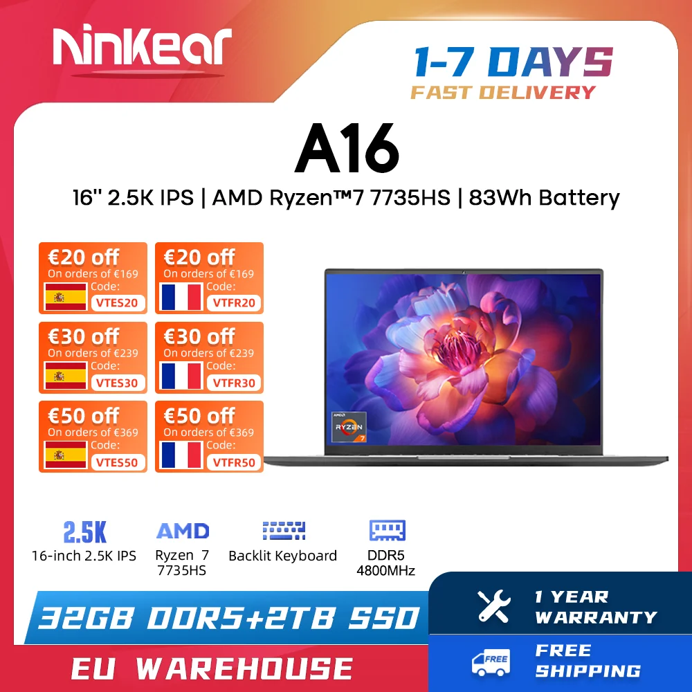 Ninkear A16 Laptop Da Gioco Amd Ryzen 7 7735Hs 32Gb Ddr5 + 2Tb Ssd 16 Pollici 2.5K 165Hz Wifi6 Computer Laptop Windows 11 Notebook