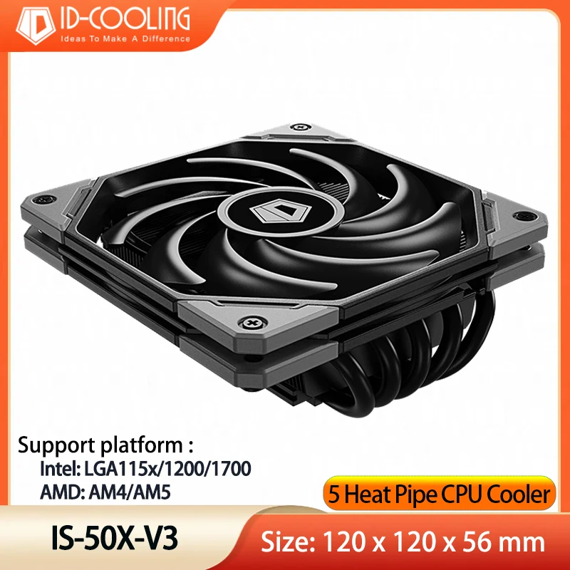 ID 냉각 IS-50X V3 CPU 쿨러, 5 히트파이프, 엑스트라 슬림 PWM 선풍기 CPU 에어 쿨러 ITX 라디에이터, 인텔 LAG1700, 1200, 115X, AM4 AM5 용