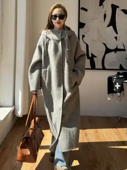 2025 Autunno e inverno High-End caldo spesso con cappuccio Lady Alpaca giacche in misto lana cappotti lunghi di lana larghi da donna 1