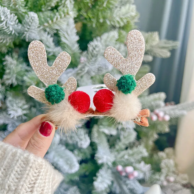 Christmas Antler Hair Clips Pendants Xmas Ornaments Merry Christmas Decor Gift for Girl Elk Hair Accessories Happy New Year