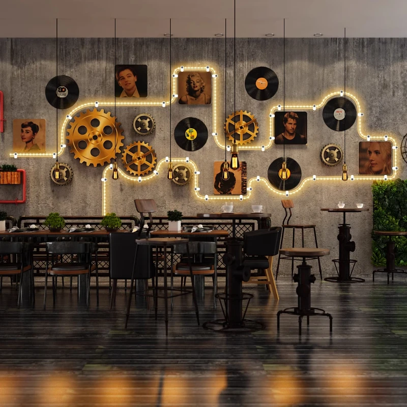Retro Industrial Lighted Wall Art, Creative Gear & Record Combination, Bar or Pub Wall Decor, Unique Decoration for Lounge