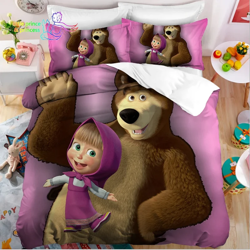 Kawaii Mashas And Bear Bedding Set Single Twin Full Queen King Size Bed Set Adult Kid Bedding Gift