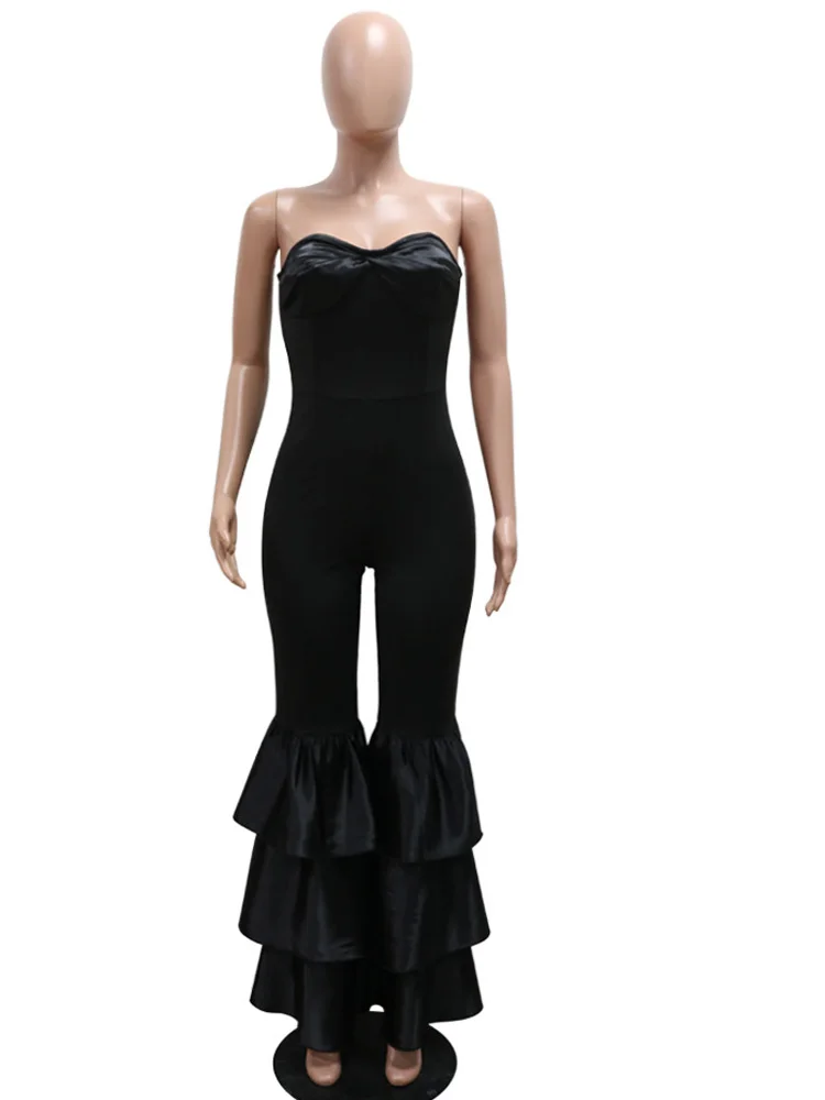 Mono de satén con sombras oscuras de Kricesseen, mono negro con volantes para mujer, trajes de una pieza, monos sexys, ropa de discoteca, monos