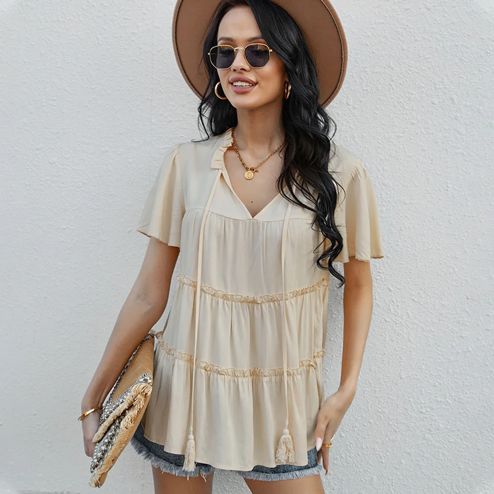 

Women's Top 2022 Summer Solid Wood Ear Edge T-shirt