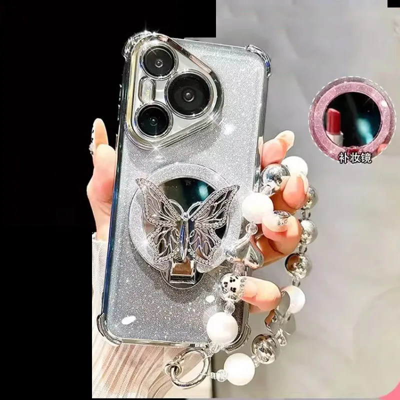 Mirror Shockproof Magnetic Butterfly Phone Case with Holder Bracelet