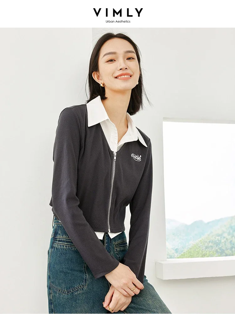 

Vimly Cropped Knitted Cardigan Women 2023 Autumn Contrast Shirt Collar Fake 2 Piece Zipper Long Sleeve Tops Female Clothes 30007