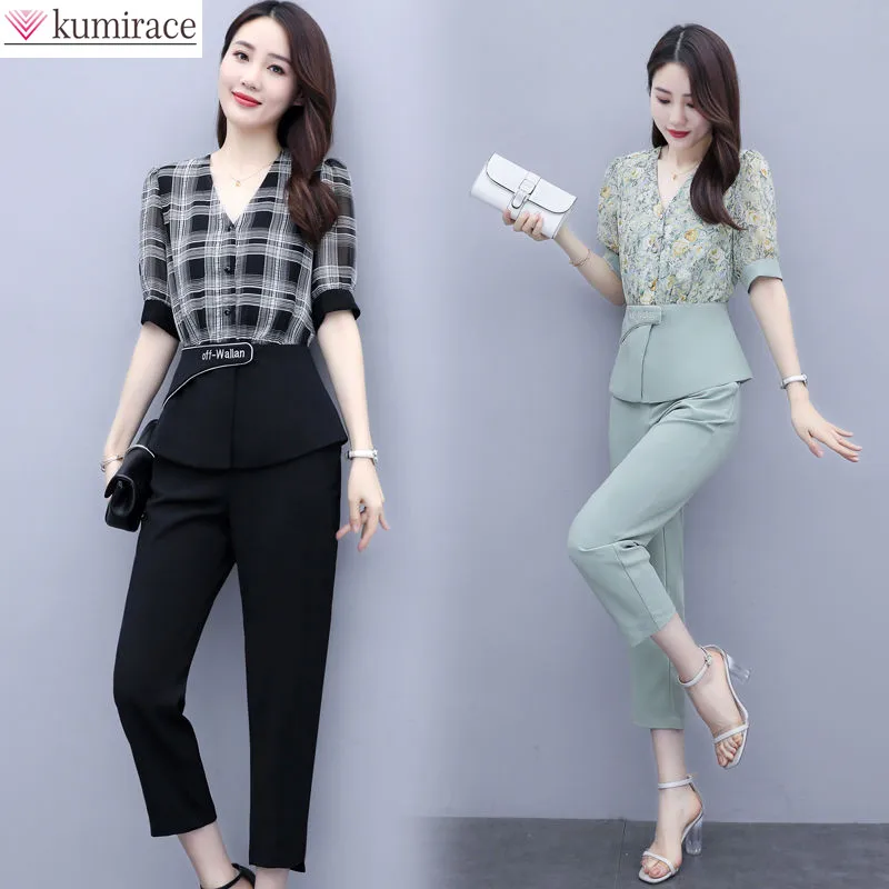 Summer New Asymmetric Splicing Plaid Short Sleeved Chiffon Shirt Casual Trousers Two-piece Elegant Women's Pants Set Tracksuit classics gradual change loose straight jeans women chinese tradition asymmetric drill frog demin pant tasseal baggy trousers