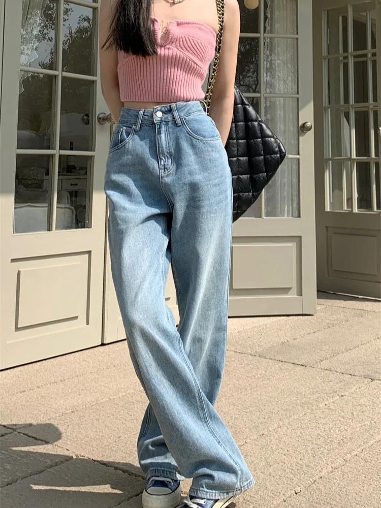 봄 여름 새로운 하이 웨이스트 스트레이트 레그 청바지 빈티지 블루 워시 악세사리 루즈핏 바지 드래그 바지 여성 트렌디 