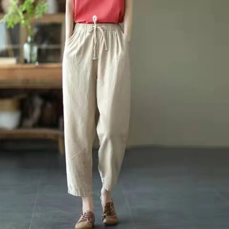 thumbnail image 1 of Pantalones harén de lino y algodón de moda para mujer, pantalones holgados de cintura alta elásticos hasta los tobillos, pantalones casuales sólidos con bolsillos retro para mujer, 1 of 5