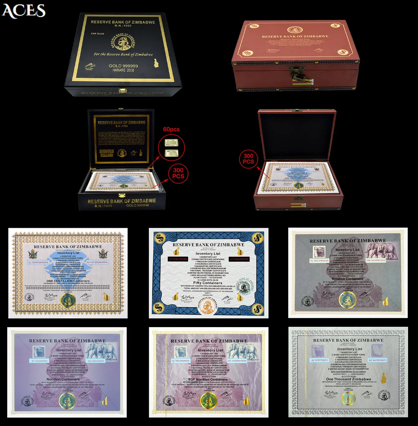 

300pcs Zimbabwe Certificate Reserve Bank of Zimbabwe Paper Money 6styles Notes Containers with Gift Box Art Worth Collection