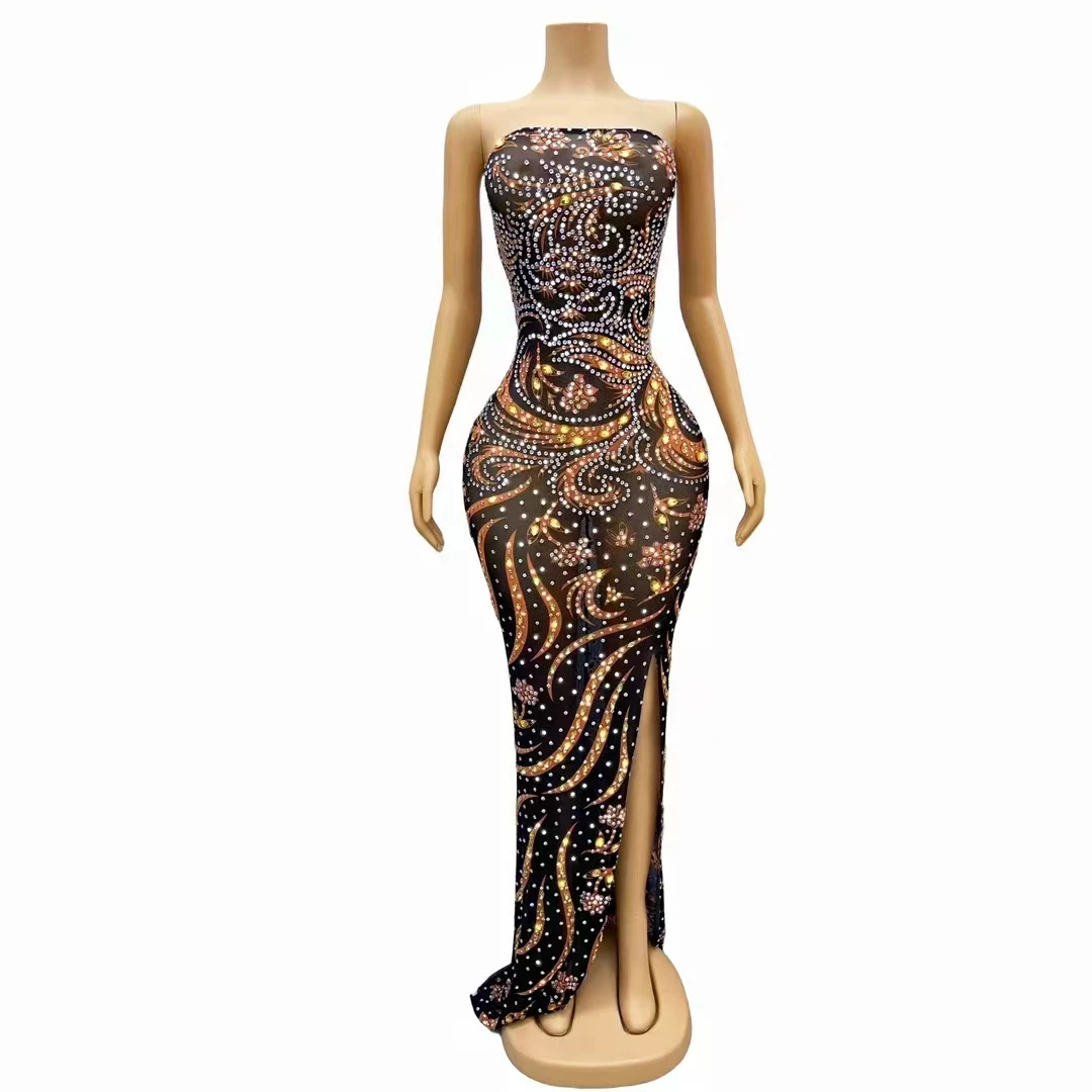 

Sexy Strapless Split Rhinestones Long Dress for Women Birthday Prom Evening Celebration Party Costume Singer Model Stage Wear