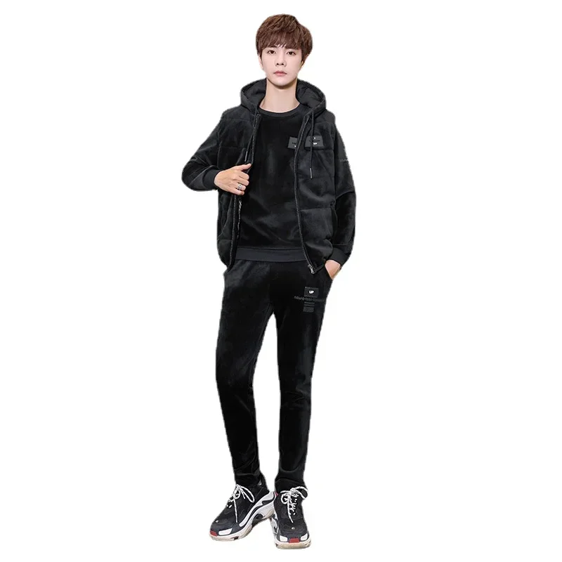 2023 Men's Golden Velvet Knit Men's Plus Thick Sports Suit Autumn and Winter Men's Suit Casual Knit Three-piece Set Hoodies