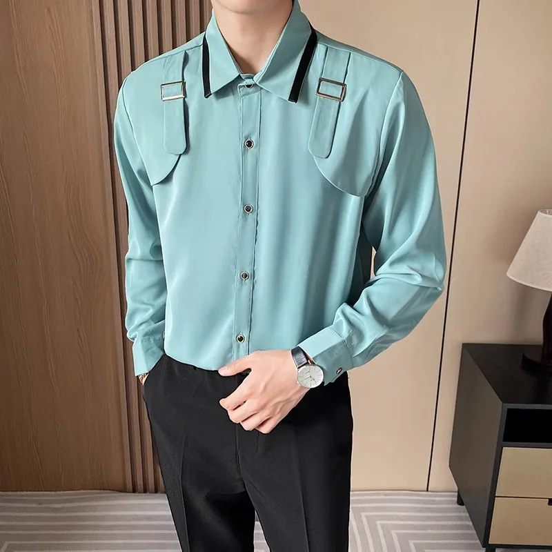 

5xl Camisa Masculina Social Luxo Long Sleeve Solid Color Men Casual Shirt Autumn Punk Style Patchwork Strap Mens Shirts Blouses