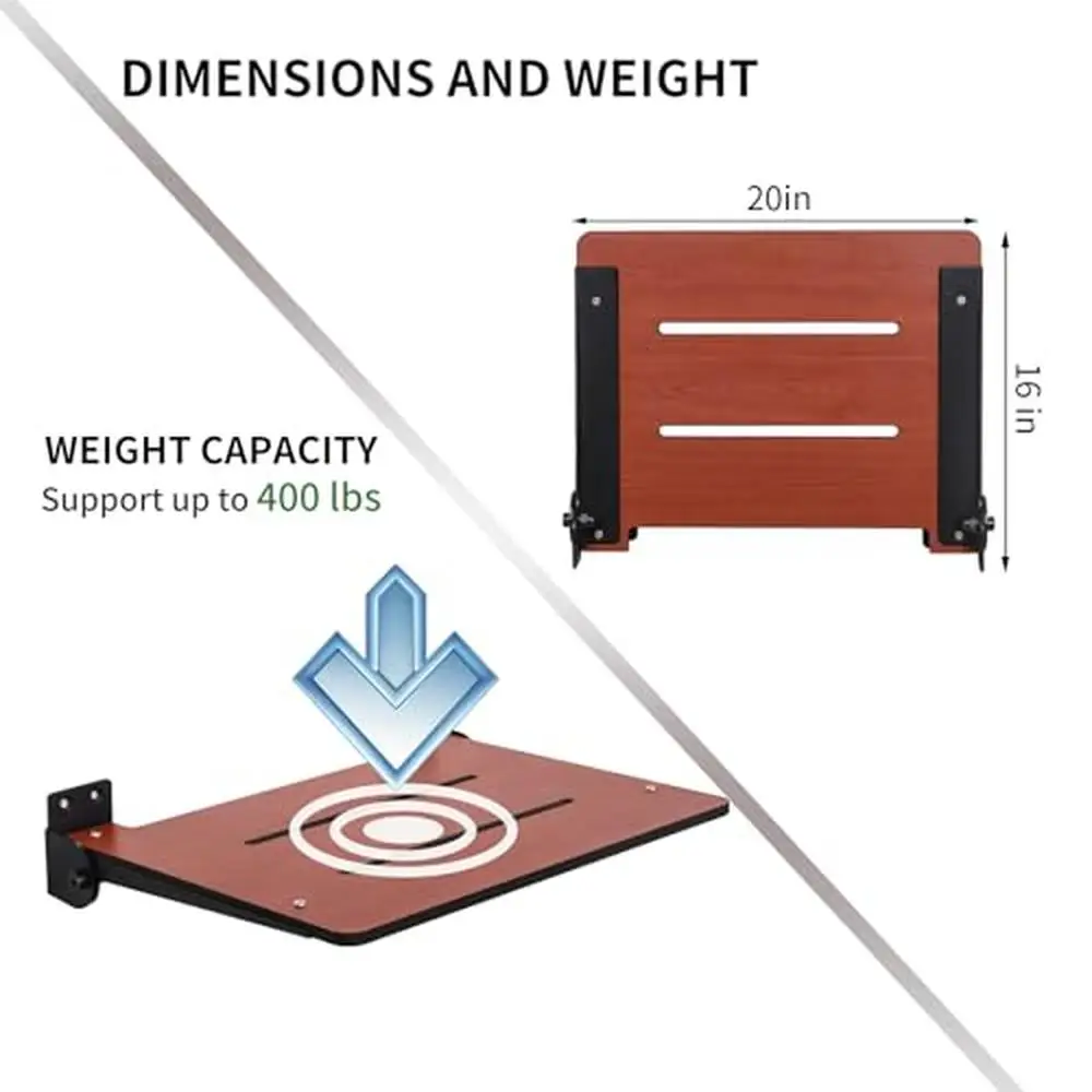 Folding Wall Mounted Shower Seat Phenolic Stainless Steel Support Bathroom Safety 400 lbs Capacity Foldable Fold Up Fold Down 4