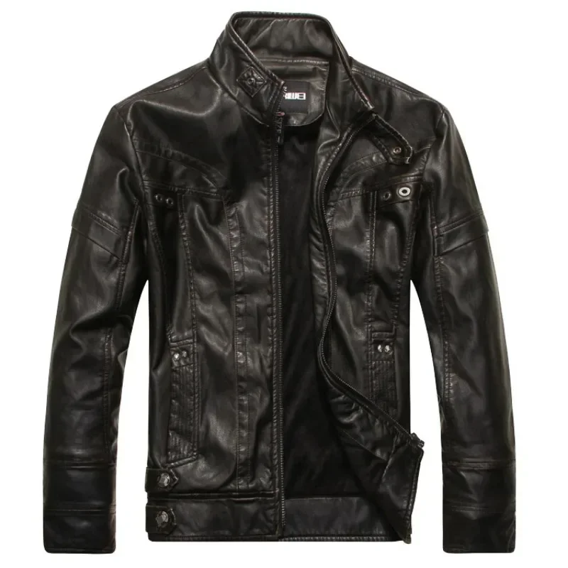 Male Faux Leather Motorcycle Jackets Vintage Casual Slim Fleece Autumn Winter