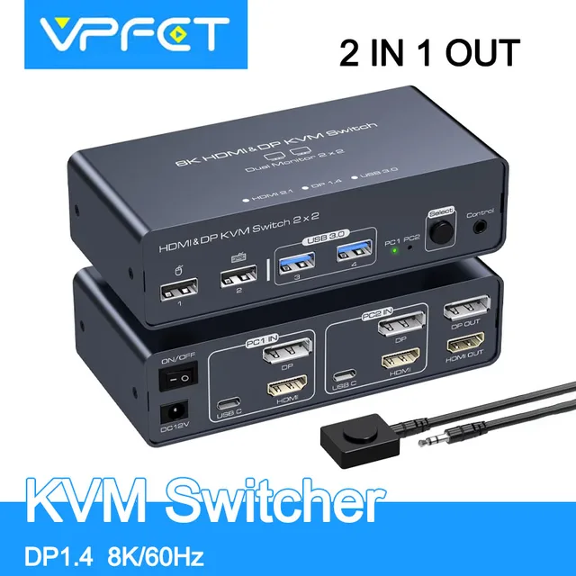 HDMI Displayport KVM переключатель 2 PC 2 монитора 8K/60Hz 4K/120Hz алюминиевый KVM переключатель подходит для 2 компьютеров с общим доступом 2 Monit 1