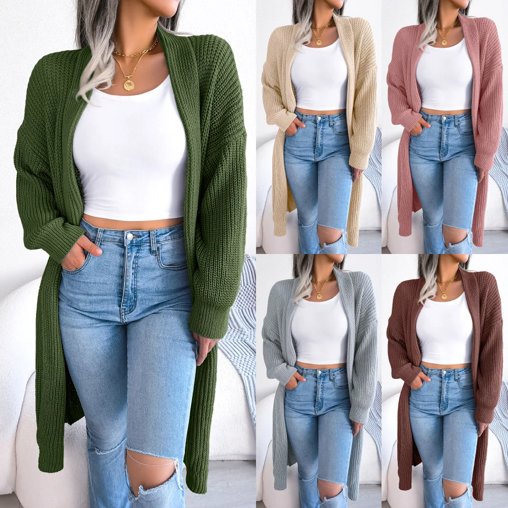 

2023 Autumn Winter New Casual Versatile Polo Women Long Cardigan Simple Solid Color Female Sweater Coat