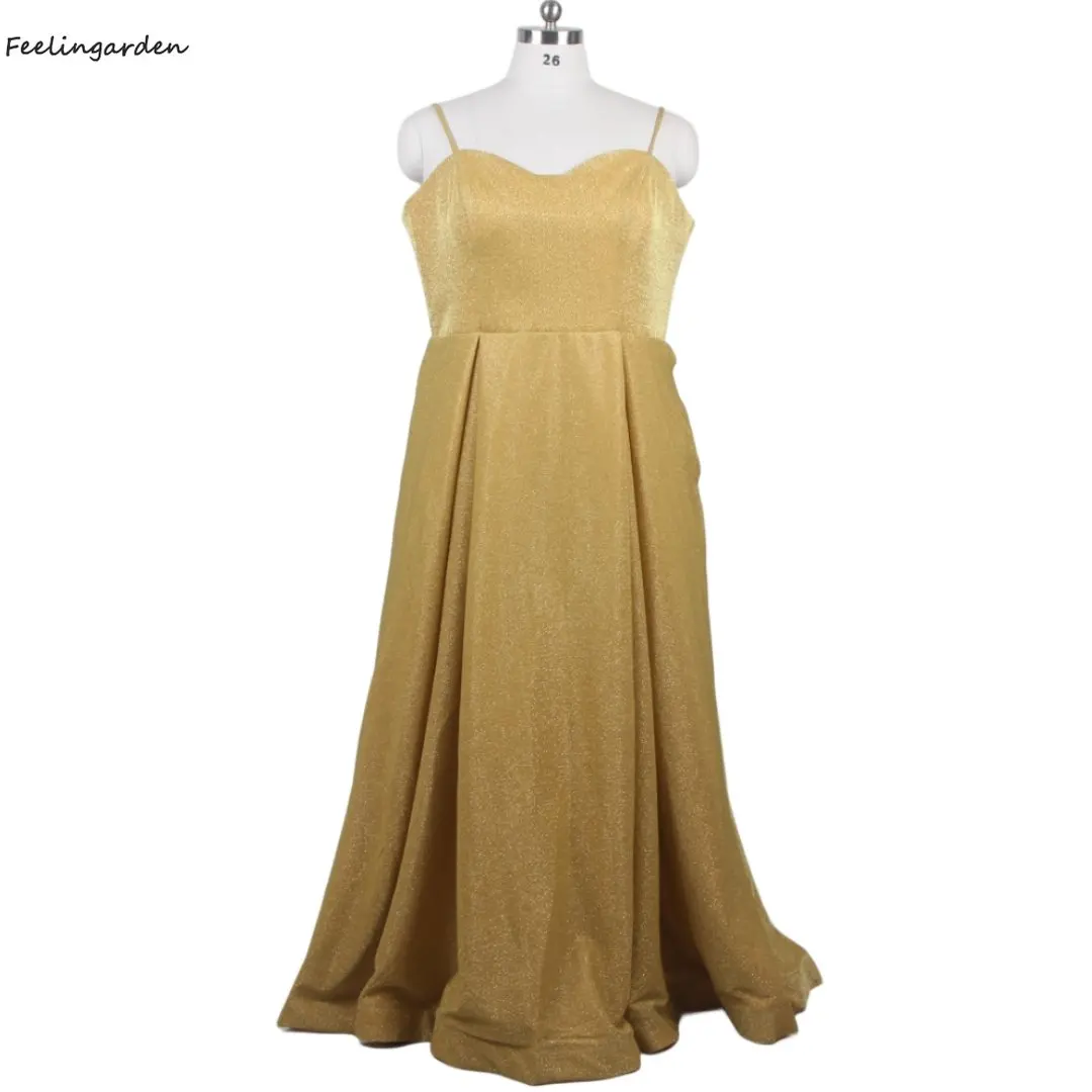 

Feelingarden Evening Dresses Golden Shiny Sleeveless Lace up Simple Pleat A-line Floor Length Plus size Women Party Dress K327