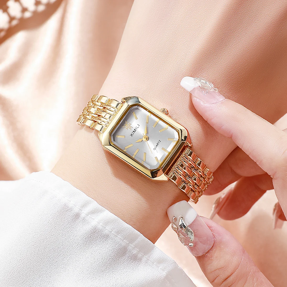4PCS/Set Fashion Rectangle  Women Watches Quartz Watch Luxury Stainless Steel Band Wristwatches Reloj Mujer Clock（Without Box） 4
