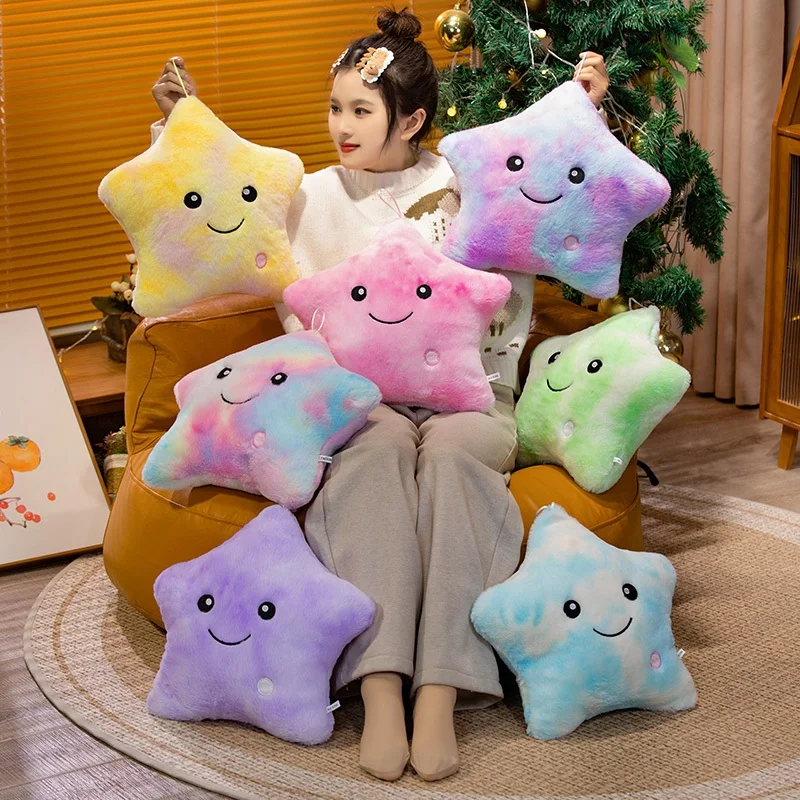24x22/40x35cm Glowing Star Plush Pillow Stuffed Smiling Face Soft Purple Blue Green Yellow Overnight Plushie Friend Gift 2