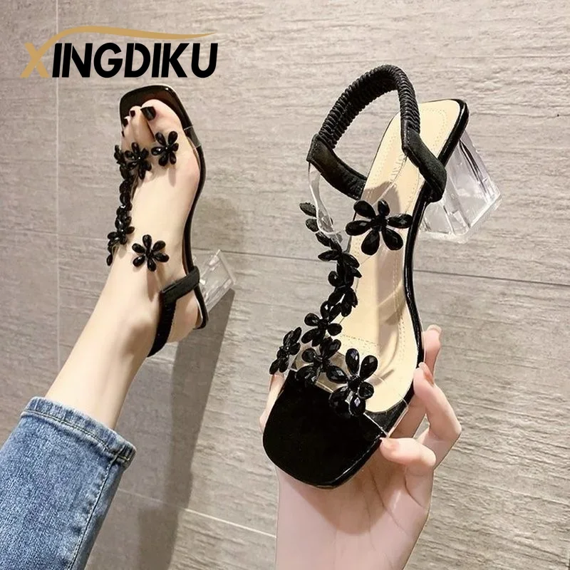 Women Sandals Women High Heels High-heeled Sandals Summer Small Flower Decoration Buckle Transparent Square Heel