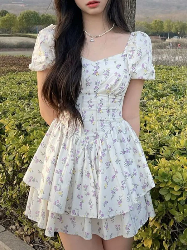 

High Waist Dress Women Summer Floral Sweet Square Collar Puff Sleeve Princess Girlish Tender Elegant Korean Style Preppy Chic