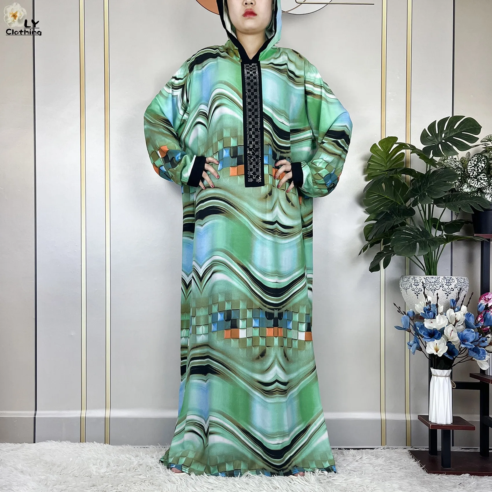 Latest African Abaya Long Sleeve Dubai Women Dress Hat one-piece Fashion Printing Robe Cotton Summer Maxi Casual Loose Clothing