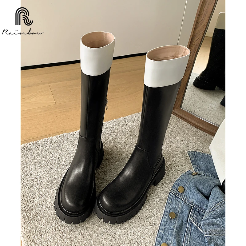 RAINBOW Size 33-40 Fashion Women Leather Knee High Boots Classic Style INS Riding Quality Mixed Color Thick Heels Autumn Winter