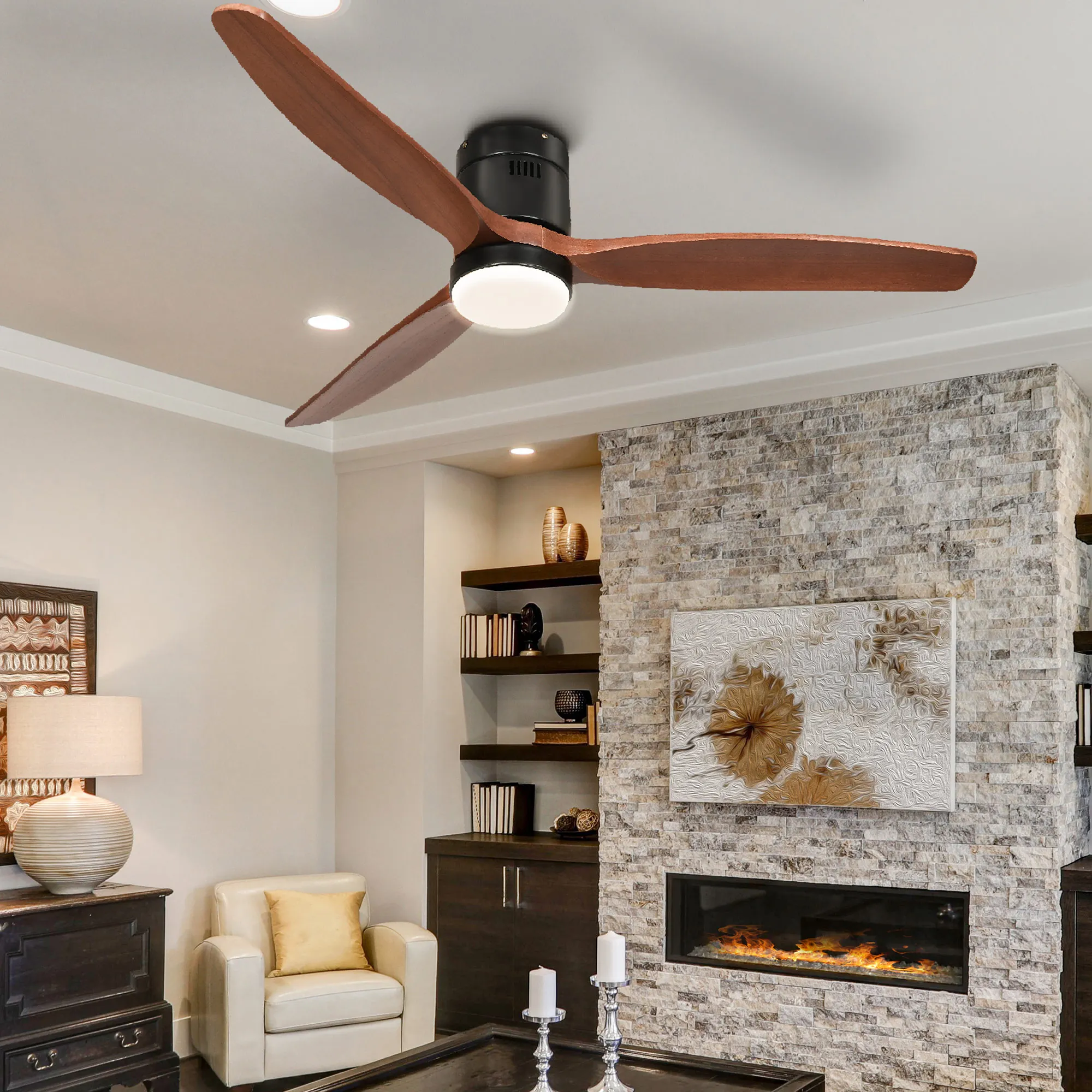 52 Inch Low Profile Ceiling Fan with Light and Remote 3 Blades Smart Ceiling Fan