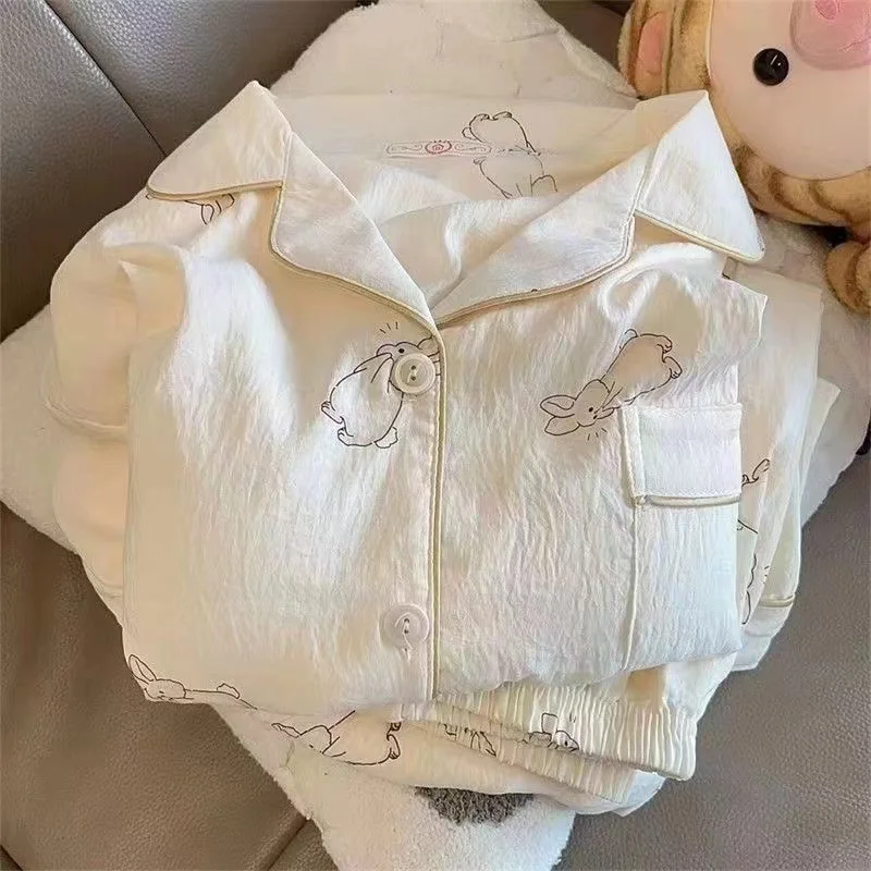 2024 خريف جديد فو القطن المرأة بيجامة Kawaii زر ست...
